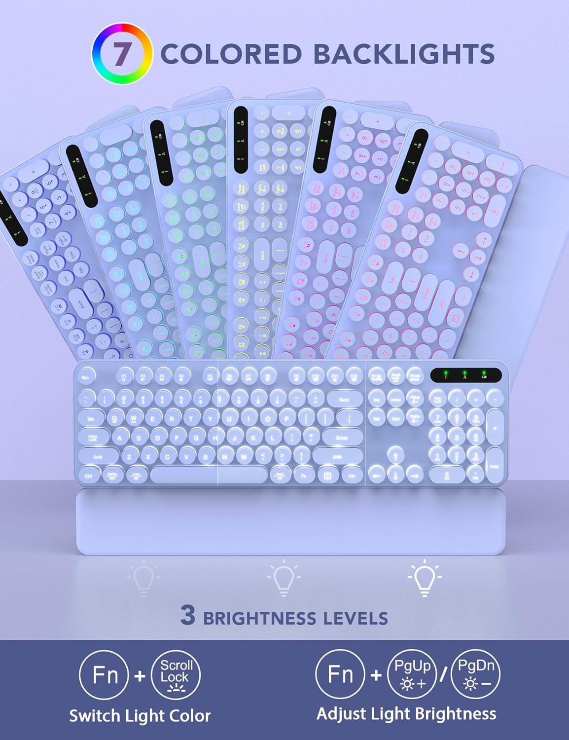 Keyboard displaying 7 different backlight colors and instructions for changing color and brightness.