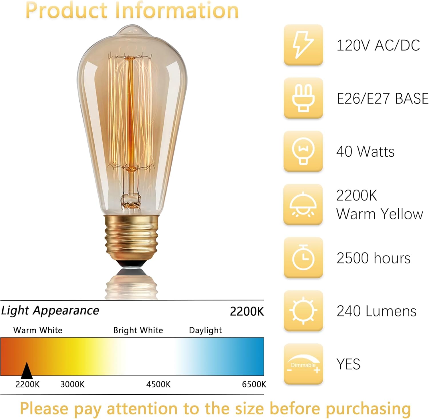 ST64 Edison Bulbs 2 Pack,Amber Vintage Incandescent Light Bulbs 110V 40W 240LM,E26 Base 2200K Dimmable Decorative Antique Squirrel Cage Filament Incandescent Bulb for Chandelier Pendant Lamps