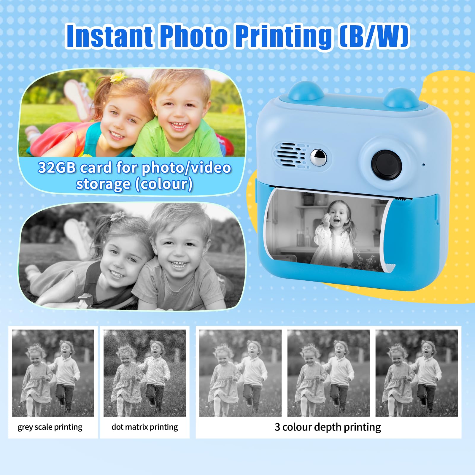 Gugxiom Kids Camera Instant Print, Fotocamera Digitale per Bambini con Scheda SD da 32 GB e 3 Rotoli Di Carta per Stampante, Fotocamera per Bambini per Ragazzi e Ragazze (blu)