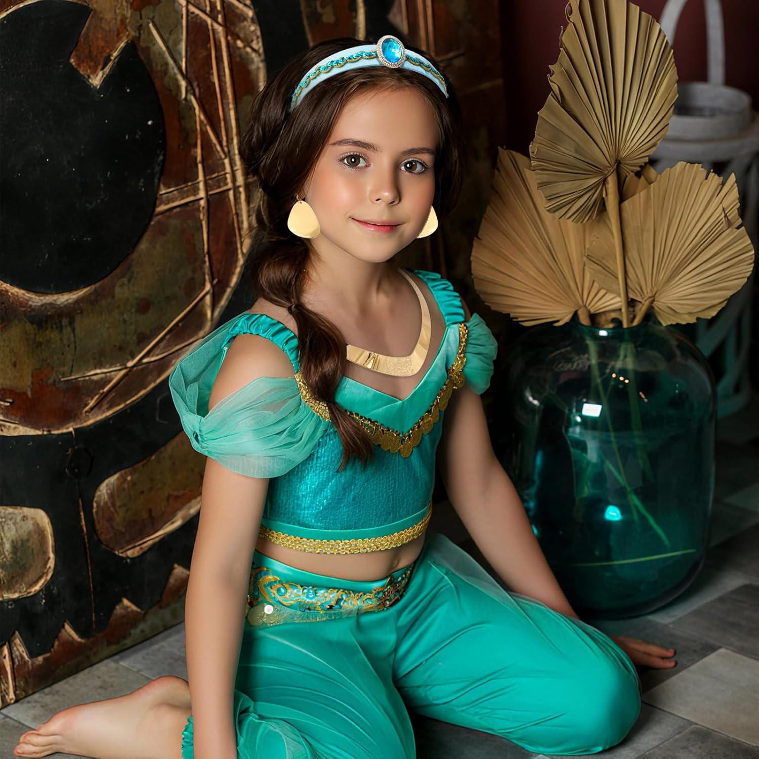 Princess Costume Accessories for Women, Blue Rhinestone Headband and Gold Chunky Choker Necklace Earrings for Halloween, Cosplay & Themed Party - Image 4