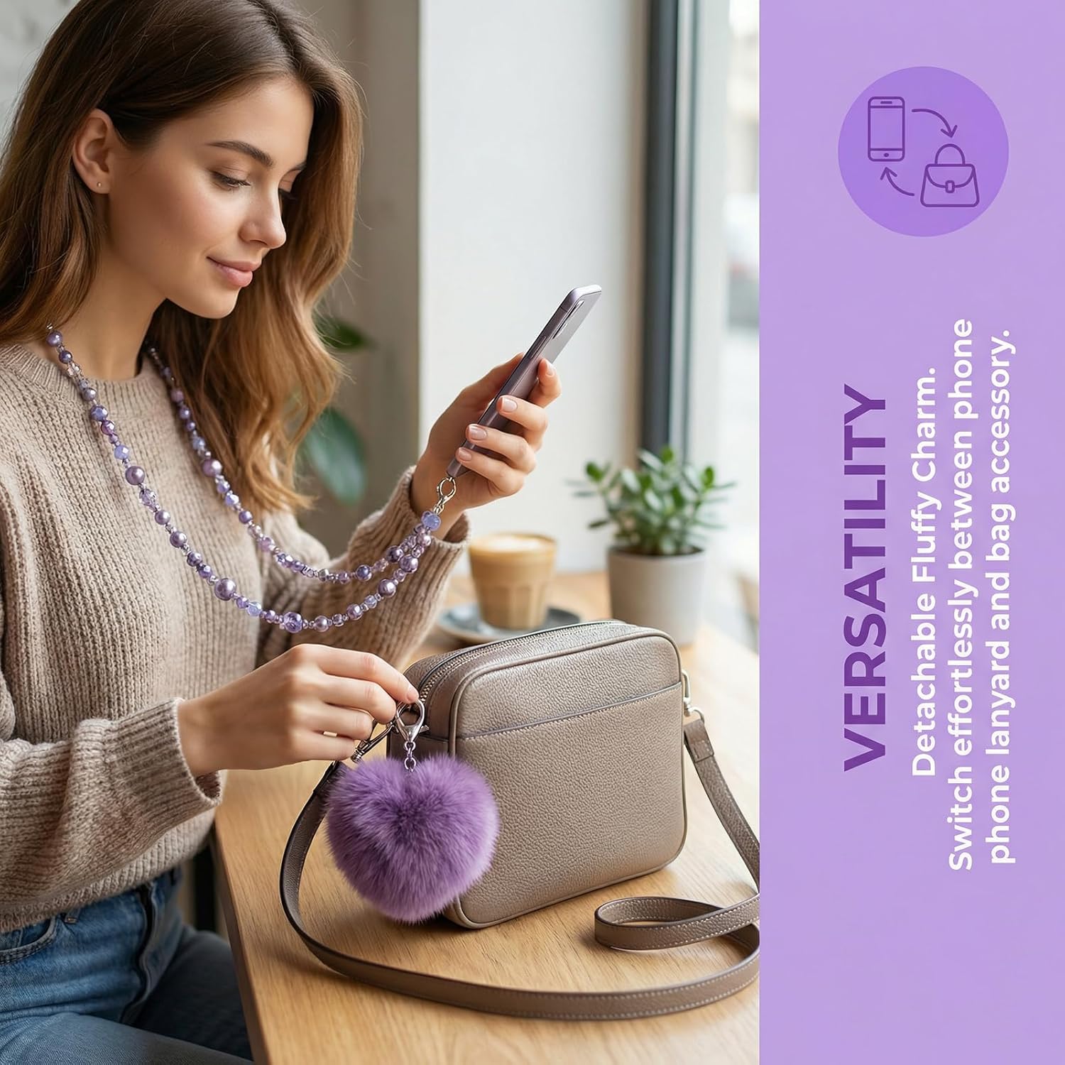 50-Inch Beaded Phone Lanyard for Women, Adjustable Crossbody Phone Strap with Detachable Fluffy Heart Charm, Anti-Tangle & Anti-Scratch Design for iPhone Samsung Smartphones