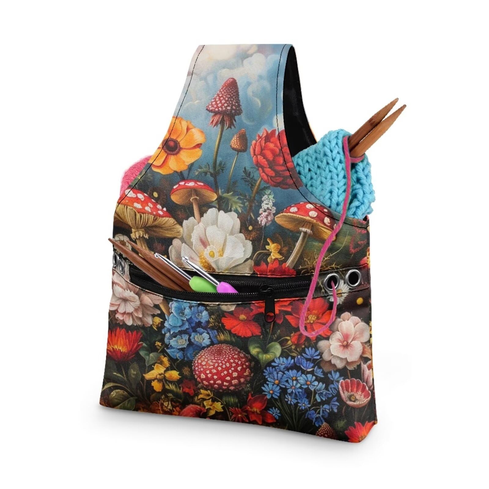 Mushroom knitting Bag Organzier Yarn Bags for Crocheting Hook Organzier Lightweight Knitting Tote Bag Holding Yarn Knitting Needles,Small