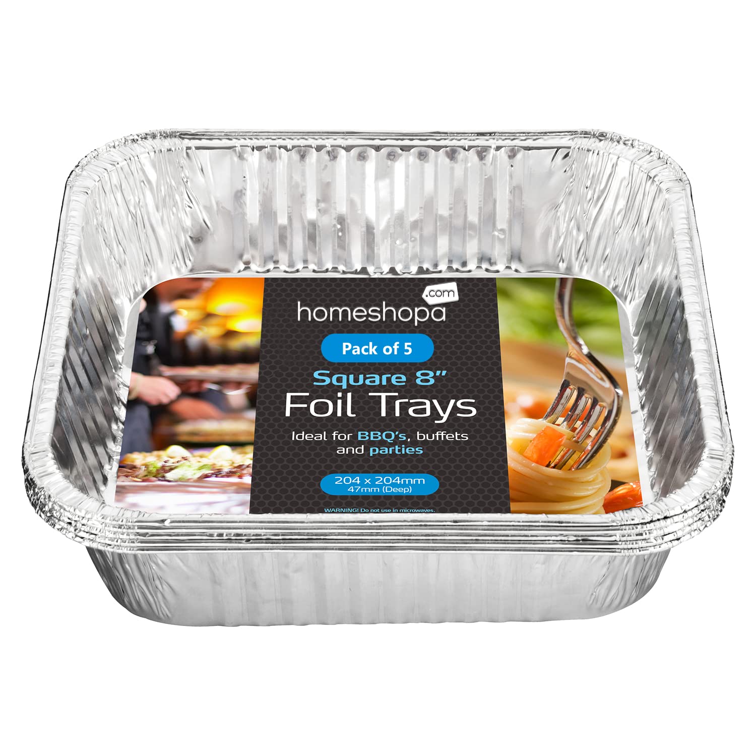 HOMESHOPA Aluminium Foil Trays, 8 Inch 5 Pack Square Disposable Tin Foil Containers, Best for Meal Prep, Baking, Broiling, Roasting, Freezing & Food Storage Takeaway Tins, Oven Freezer Safe