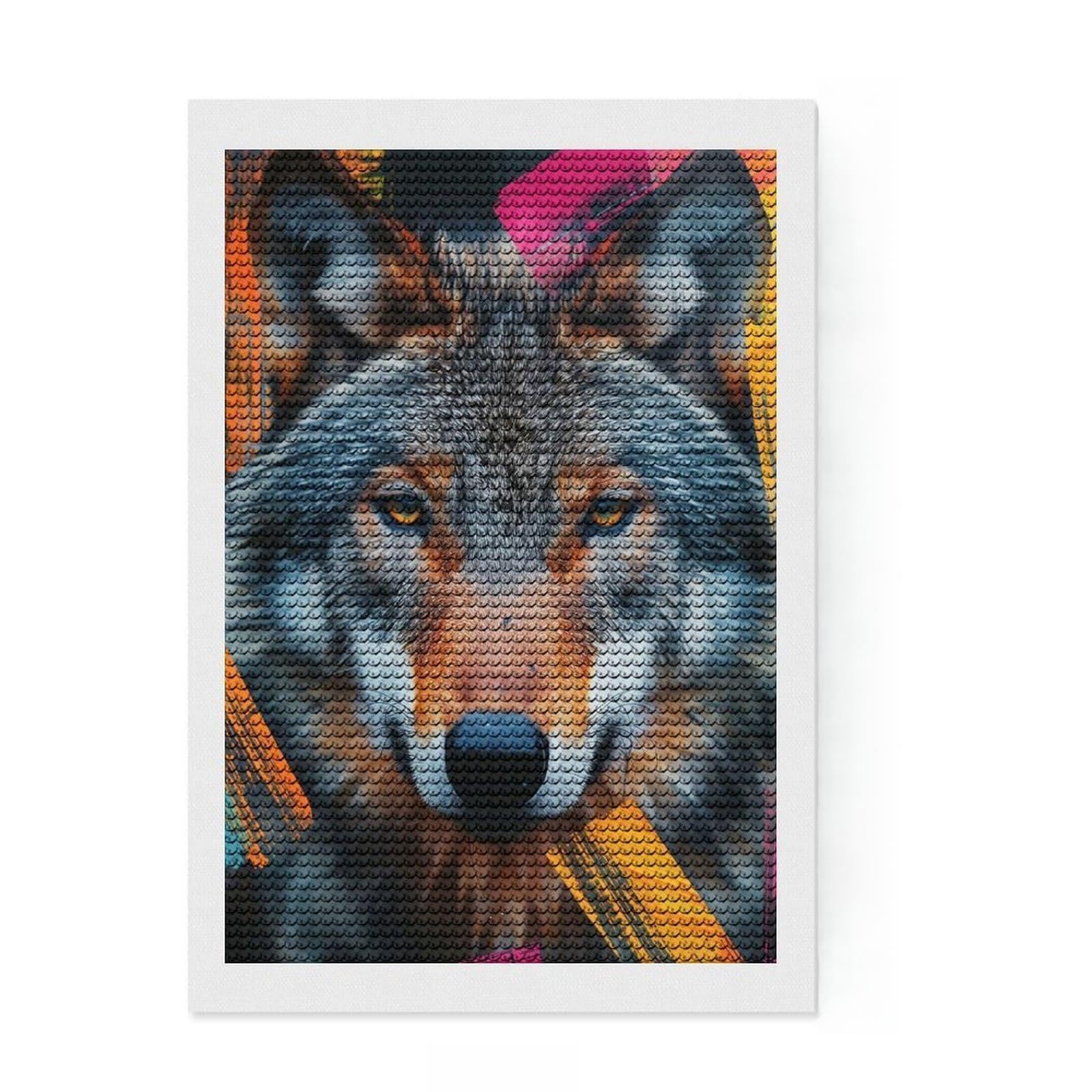 Junmoney Wolf Portrait with Abstract Strokes Diamond Painting Kit 8"x12", Round Gems, for Beginners, Full Kit Included, Decor Project, Vintage Style Decor