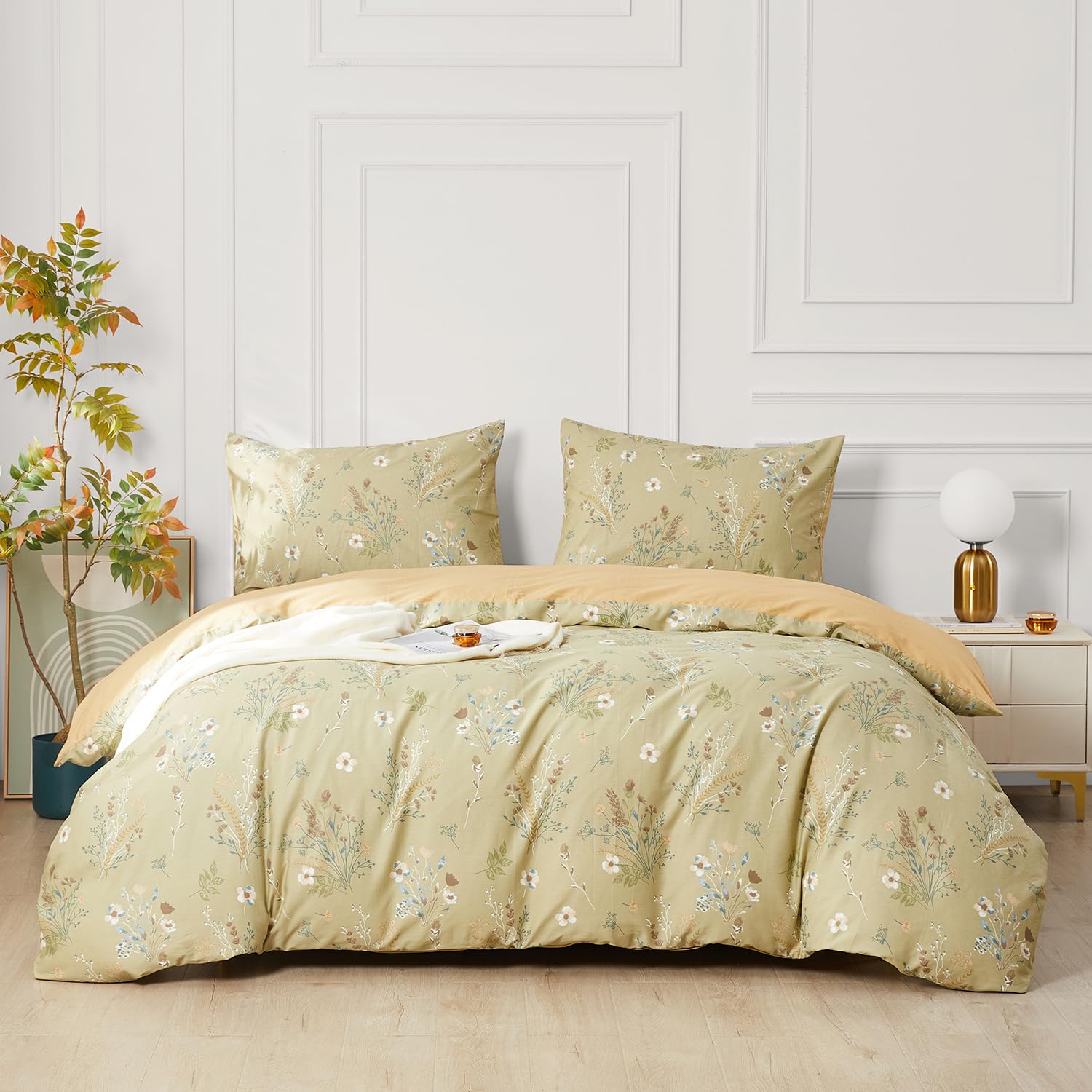 SAPHREAS Green Floral Duvet Cover Set 100% Cotton Double Size 3 Pieces Botanical Bedding Comforter Duvet Cover Set 1 Duvet Cover 2 Pillow Shams(No Comforter)