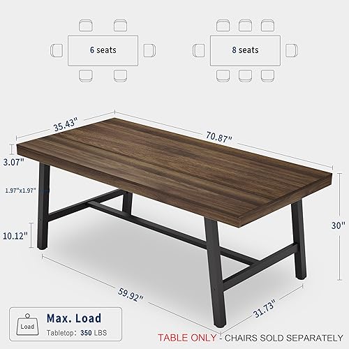 Miniatura 2 de GarveeHome Mesa de comedor industrial para 6 a 8 personas, mesa de cocina de madera de 70.87 pulgadas de largo con marco de metal resistente y