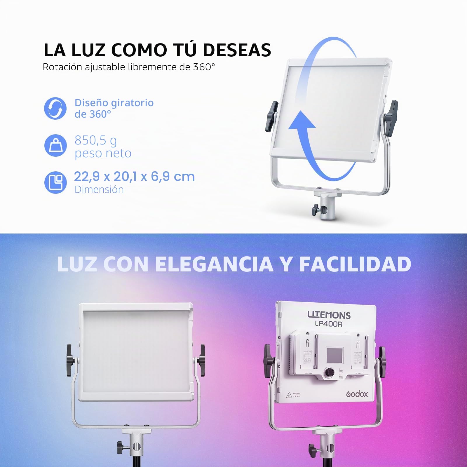 Godox Litemons LP400R RGBW LED Video Light | CCT 1800K-10000K 36W Luz Panel,con Modo HSI y Modo Gel,14 Efectos de Luz,Control APP de Soporte para Fotografía