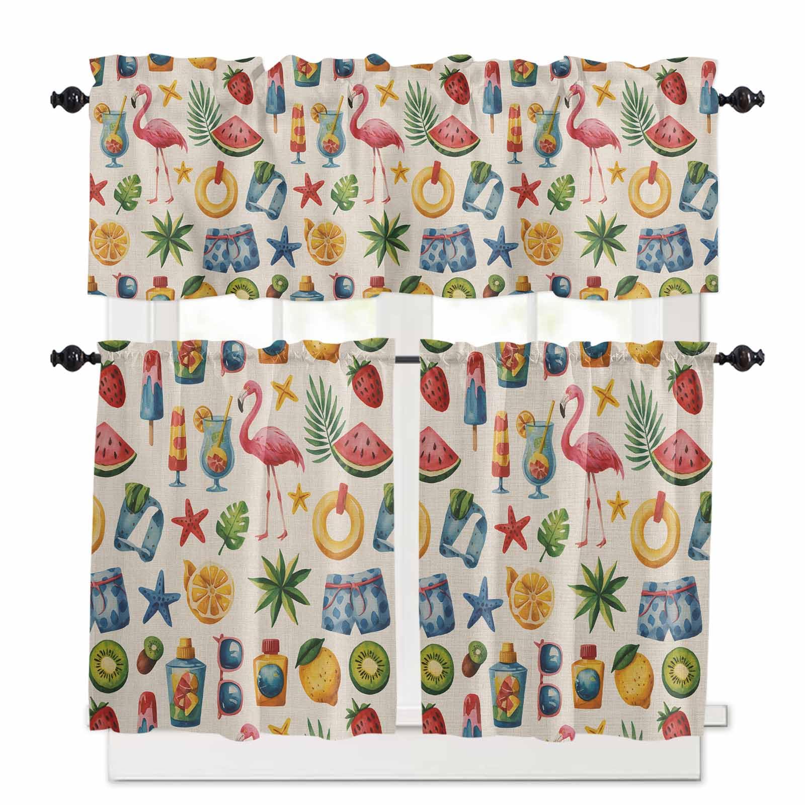 Flamingo Kitchen Curtains 24 Inch Length,3 Piece Rod Pocket Small Half Tiers and Valance Set,Tropical Coconut Leaf Watermelon Lemon Starfish Small Large Window Treatment Decor for Bedroom/Bathroom