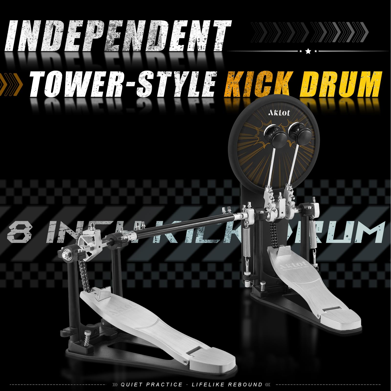 AKLOT Batería Electrónica Profesional con Pedal Doble Independiente, Caja Dual-Zone de 10’’, Hi-Hat Independiente de 2 Piezas, Plato Ride Triple-Zone de 12’’, 460 Sonidos y Conexión (B-CORE541D)