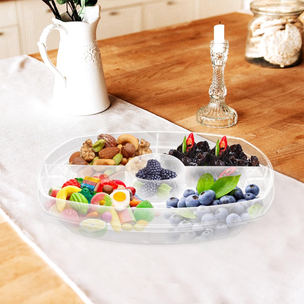 Plateau de Service Réfrigéré en Plastique avec Couvercle et 4 Compartiments, Facile à Nettoyer, pour Fruits et Snacks Lors de Toutes Occasions
