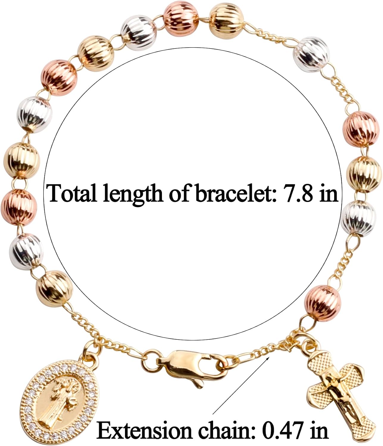 6mm Gold Plated Beads Catholic Guadalupe Crucifix Charm Rosary Bracelet for Women with Gift Box