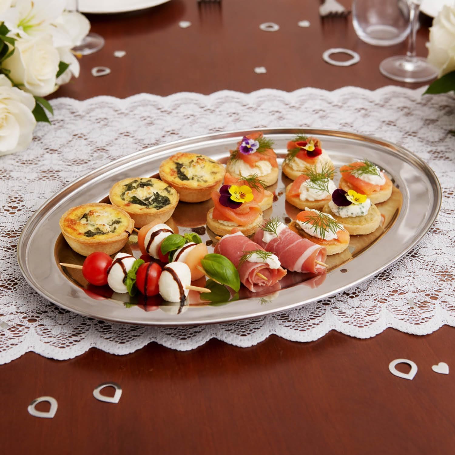 COM-FOUR® 2x Vassoio da portata in acciaio inossidabile - Vassoio ovale per servire e decorare - Piatto da portata per matrimonio e compleanni (45x29 cm - 2 pezzi)