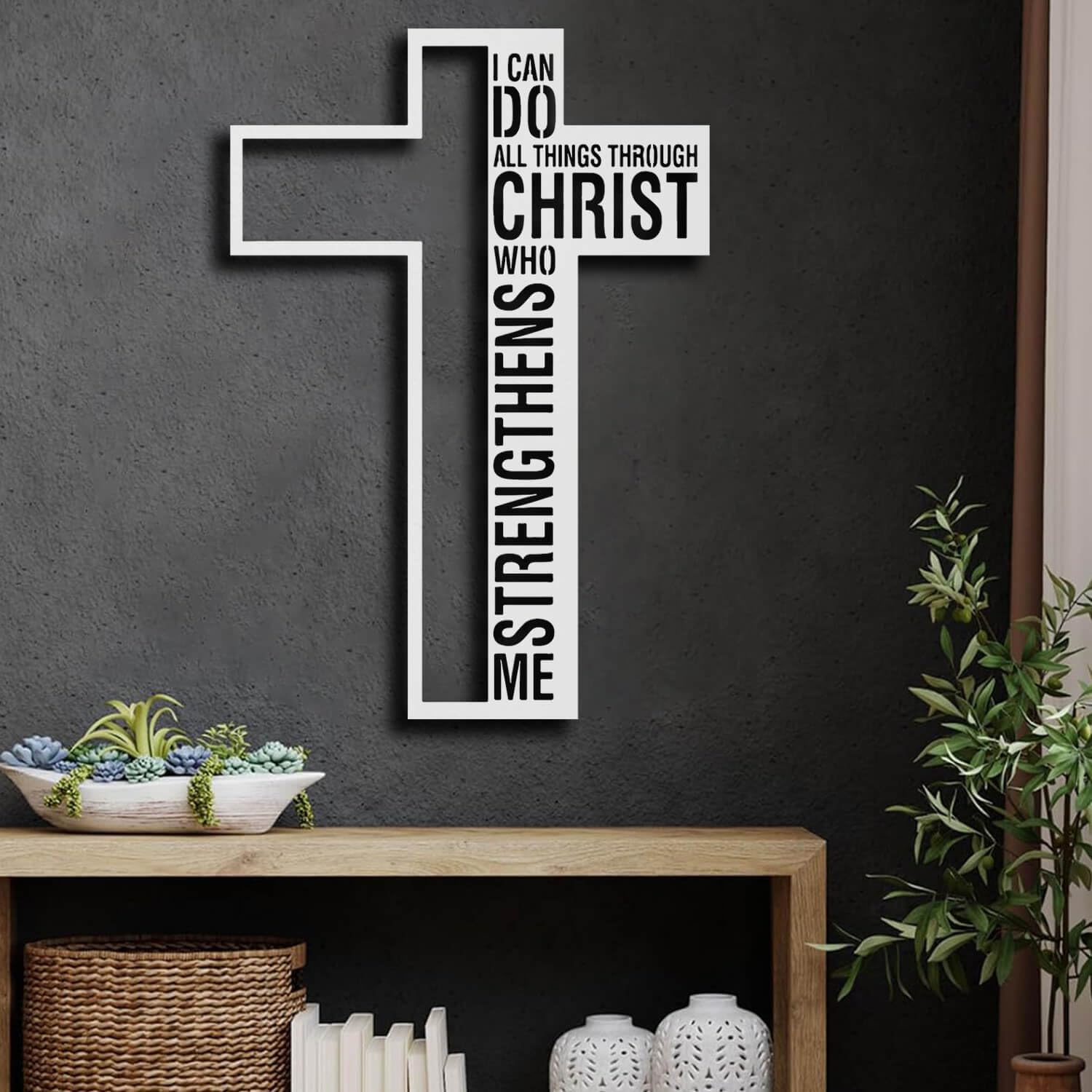 Nowoczesna minimalistyczna sztuka metalowa dekoracja ścienna Mogę zrobić wszystko przez znak Chrystusa Jezus Filipian Krzyż 4:13 Inspirujące (Złota 33" x 47" / 83 120 cm)