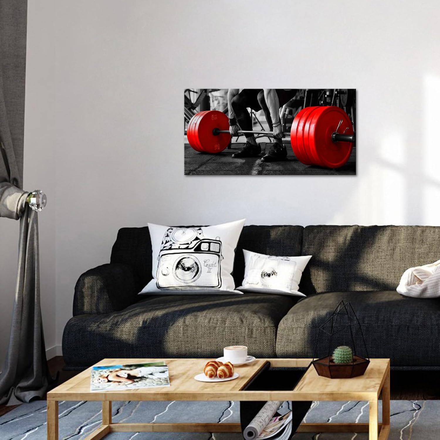 Muzenso Red Barbell Deadlift Canvas Wall Art 20x40 Inch Black and White Fitness Artwork with Red Weight Plates Motivational Strength Training Picture Modern Gym Office Home Decoration Stretched Canvas Ready to Hang
