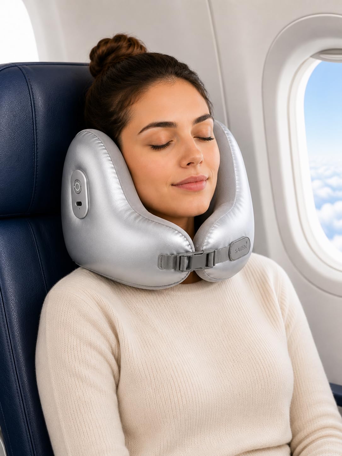 TRAVELFUN Almohada de Viaje Viscoelástica para Cuello – Soporte Cervical 360° con Sujeción de Barbilla y Orejas, Reducción de Ruido, Bluetooth para Móvil y Avión, Ideal para Viajar