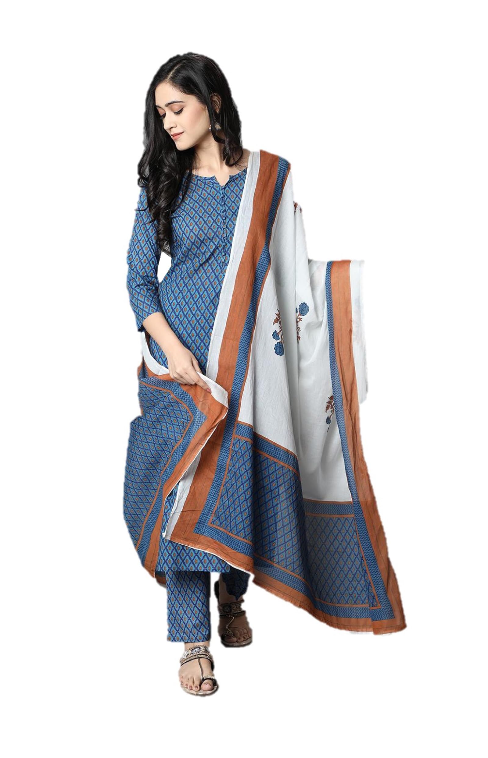 Kurta Set für Frauen mit Dupatta formelle Party Wear Kleid indische Kleidung Casual Silk Blend Tunika Tops - Blau