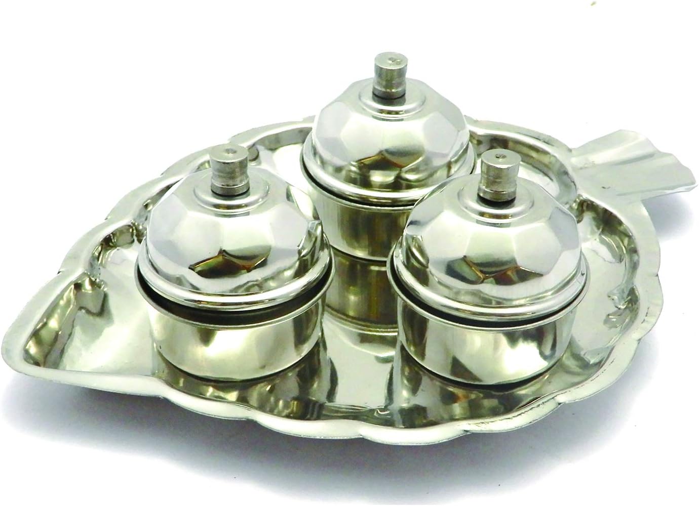 DBY Haldi Kumkum Holder Designer Home Decorative 3 Containers Pooja Thali Haldi Kumkum Stand Box Stainless Steel Diwali Gift Festive Puja Items