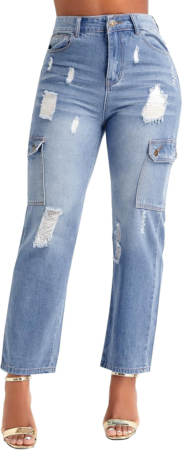 BessCops Women’s Boyfriend Trendy Jeans Ripped High Waisted Straight Leg Loose Fit Distressed Zipper Fly Hole Denim