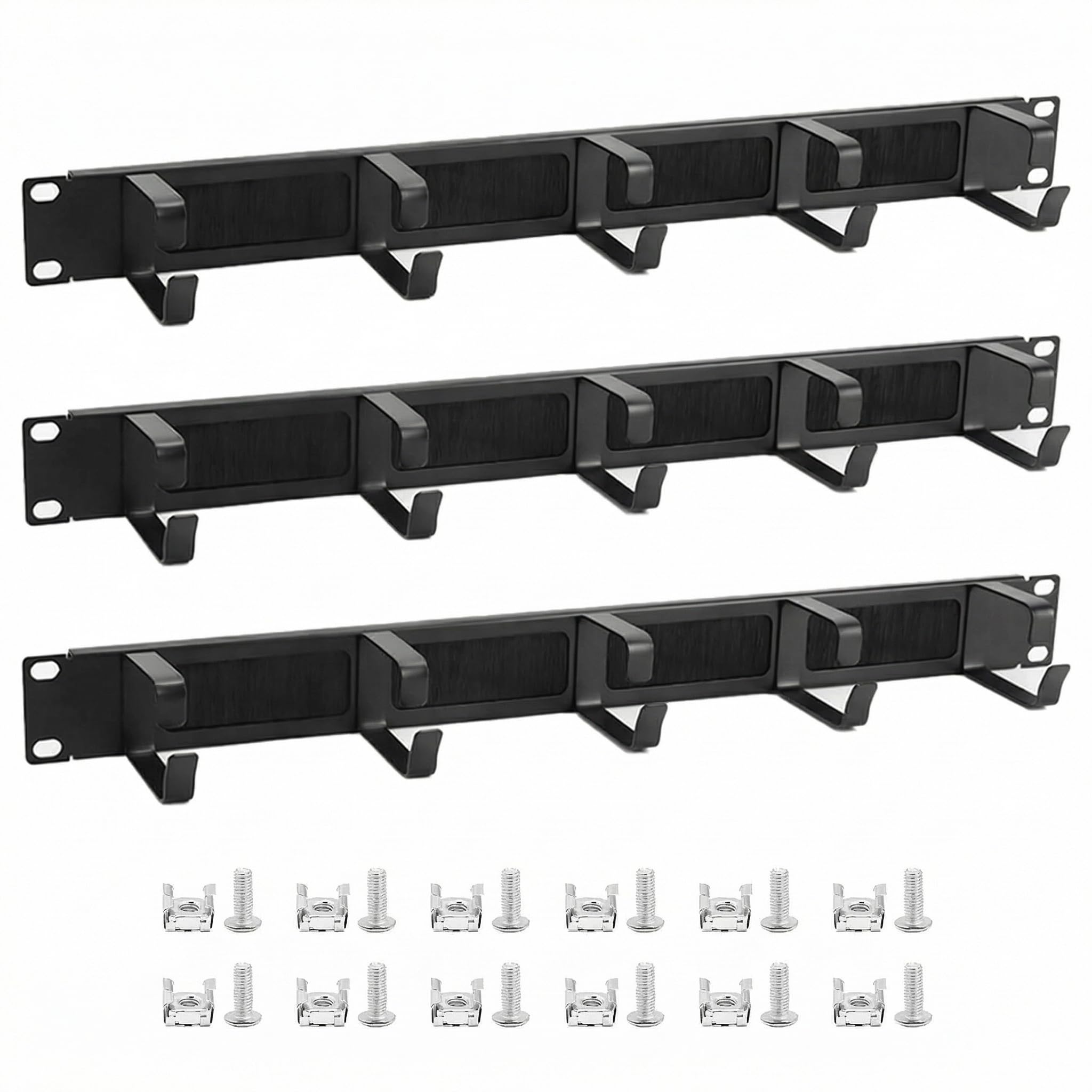 QWORK® 3X Passe-câbles 19 pouces avec 5 anneaux métalliques et ouverture à brosse, gestion des câbles pour armoire serveur et rack réseau 19"