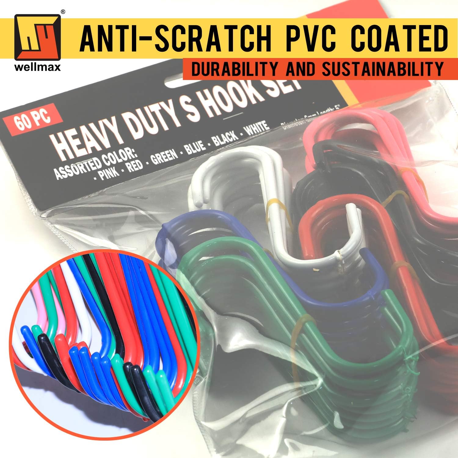 Wellmax 60PCS S Hooks for Hanging, Heavy Duty S Shaped Hooks, Colored Metal S Hook Set for Hanging Plants, Closet, Kitchen, Pot Rack, and pots and Pans. 5 inches Long and 6mm Thick