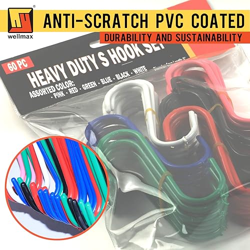 Miniatura 4 de Wellmax 60 ganchos en S para colgar, ganchos resistentes en forma de S, juego de ganchos en S de metal de colores para colgar plantas, armario,