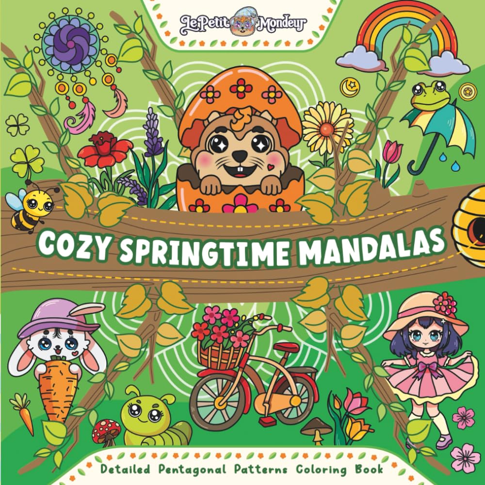 Cozy Springtime Mandalas: Detailed Pentagonal Patterns Coloring Book: Featuring Whimsical Figures for Relaxation, Perfect for Teens and Adults