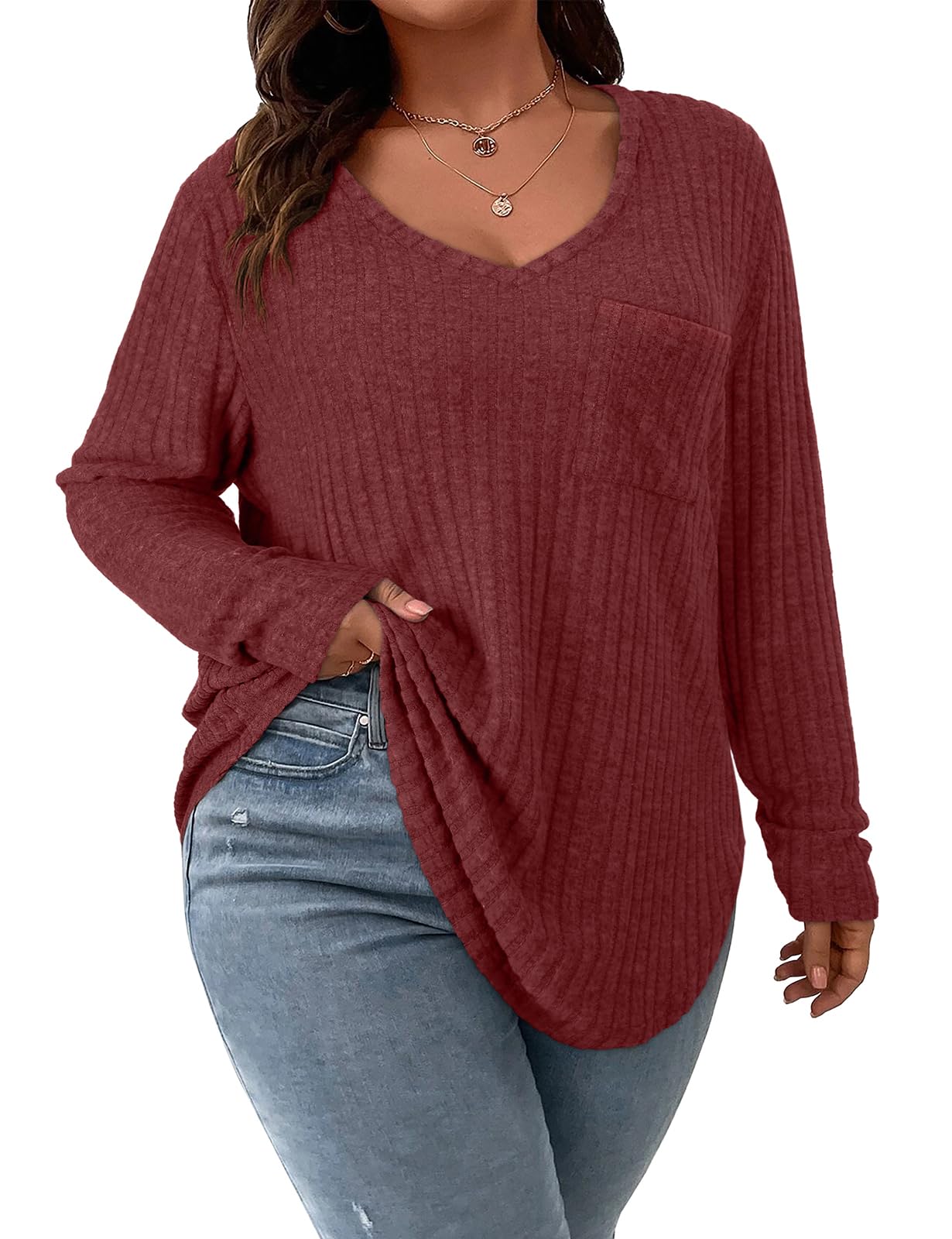 Koscacy Women Plus Size Casual Knit Sweater with Pocket V Neck Solid Color Tops Lightweight Long Sleeve Blouses