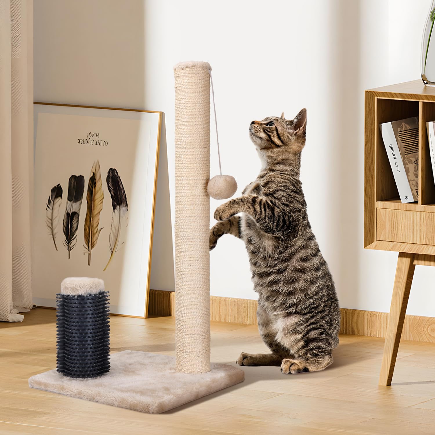 Nobleza Rascador para Gatos， Poste de Rascador para Gatos， Cuerda de Sisal Natural con Bolas Juguete y Peine de Silicona para Gatos， 60x30x30cm Color Beige