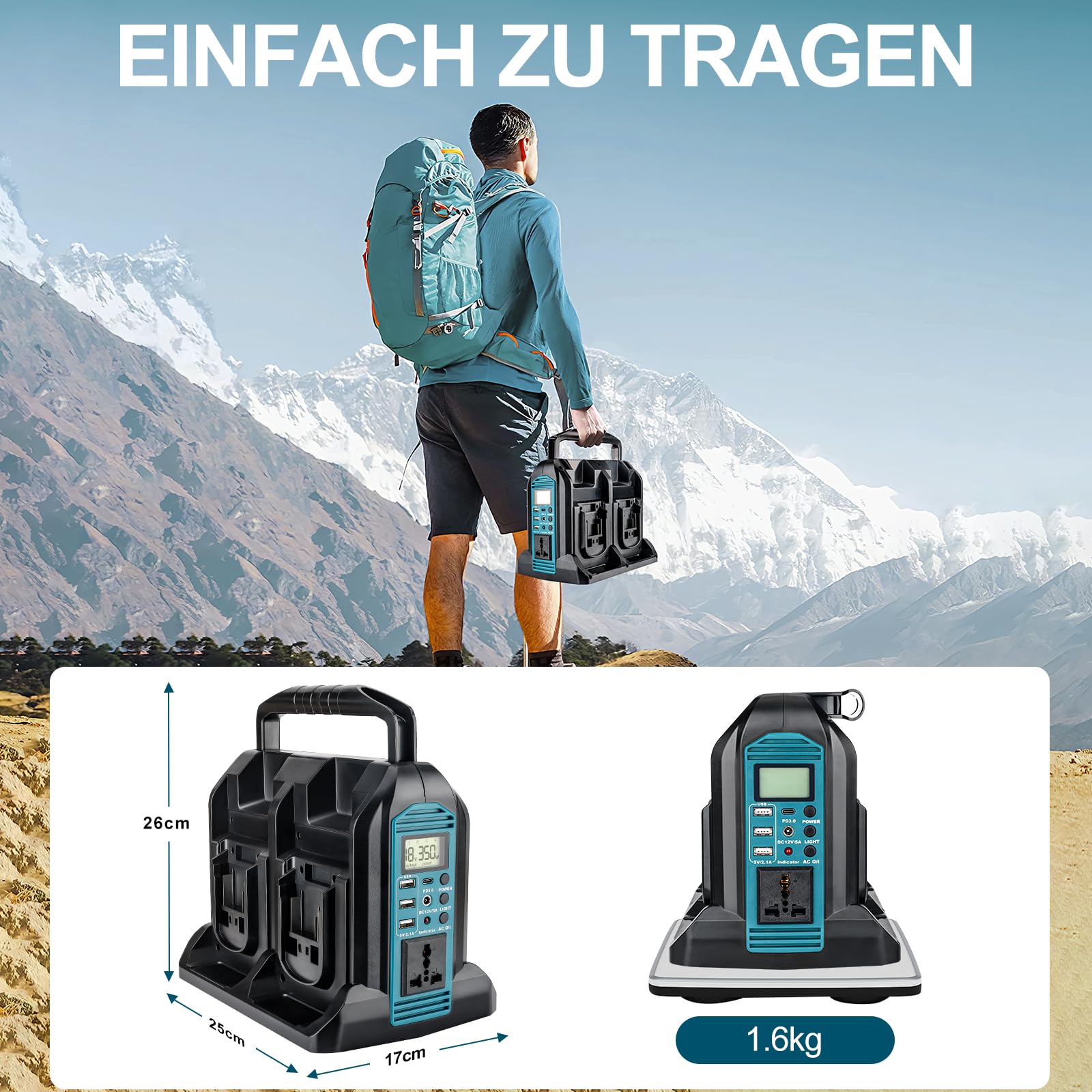 350w Wechselrichter für Makita 18v Akku, DC 18V auf AC 230V Reiner Sinus Spannungswandler, 4 Ports Stromwandler mit USB-A & USB-C Anschluss, 300LM LED Licht für Camping Notfall