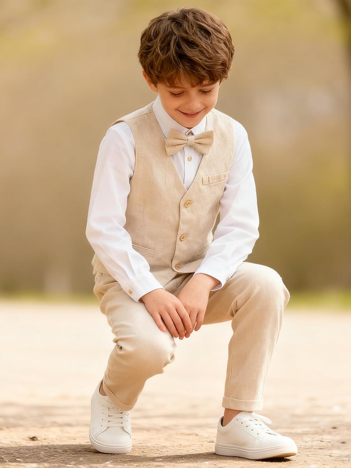 LOLANTA Boys Linen Suit Dress Clothes Kids Graduation Wedding Outfit 4 Piece Shirt Vest Pants Set with Bow Tie - Image 4