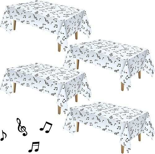 Mantel de plástico con notas musicales de 108 x 54 pulgadas, desechable, para decoración de fiesta de cumpleaños (4 piezas)