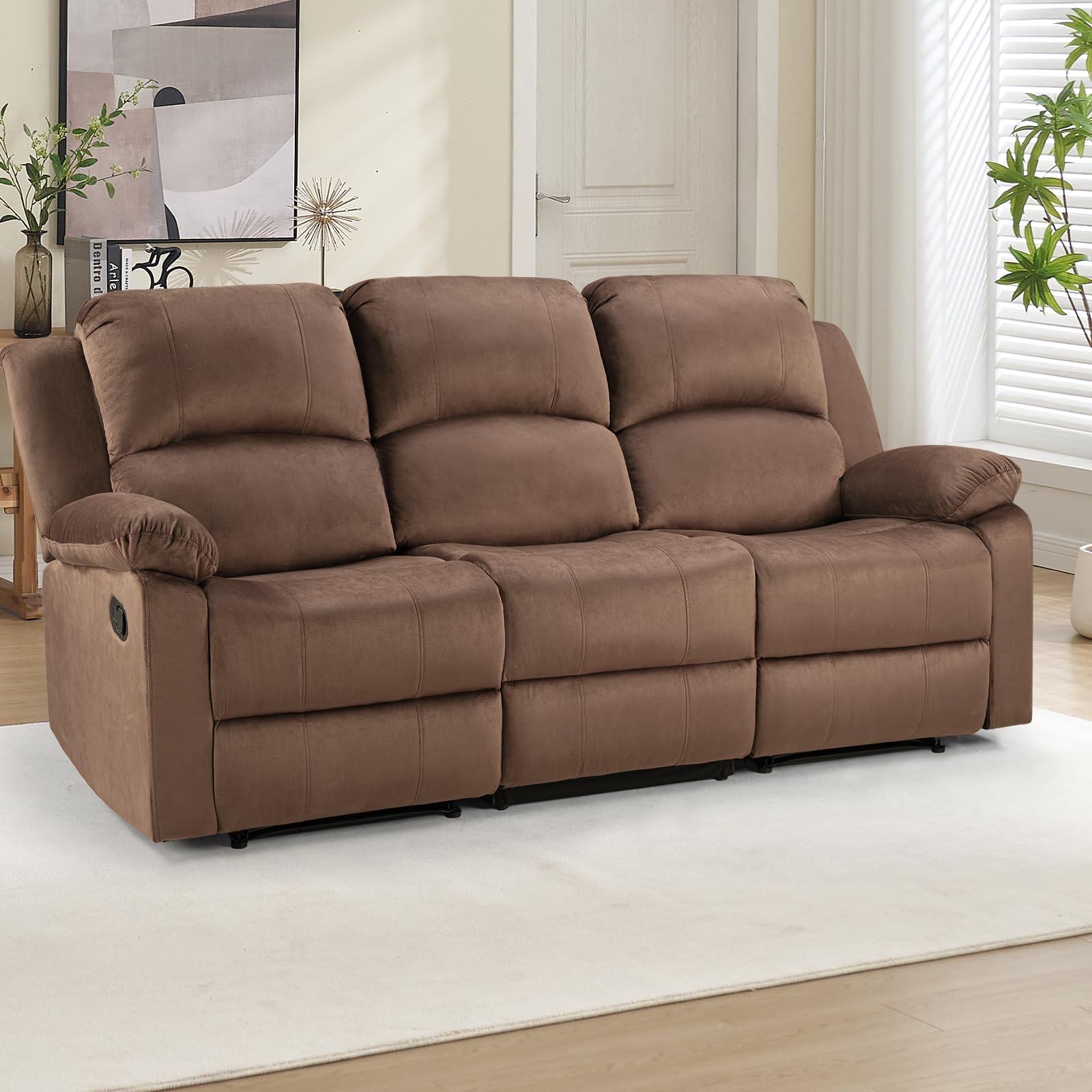 EBELLO 3 Seat Recliner Sofa for Living Room, Soft Microfiber Reclining Couch with Overstuffed Arms and Backrest for Home and Office, Brown view 8