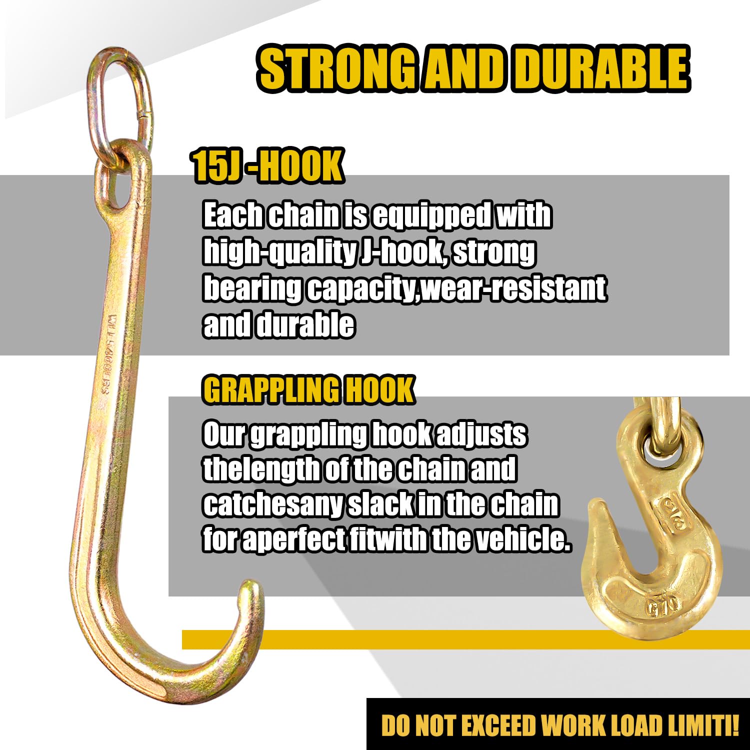Tow Truck 5/16" Grade 70 Tow Chain - 2ft V-Bridle With J-Hooks & Grab Hooks (4,700 Lb Capacity) Trailer Chains With Hooks - Foto 6