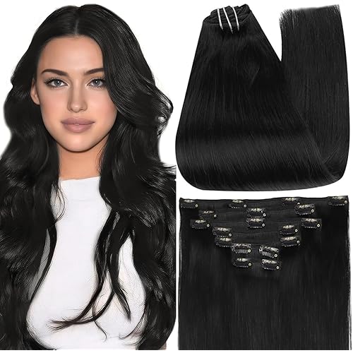 Full Shine Hair Extensions Clip in Human Hair Black 22 Inch Real Human Hair Extensions Clip ins Triple Weft Clip in Human Hair Extensions Straight Thick End 7 Pcs