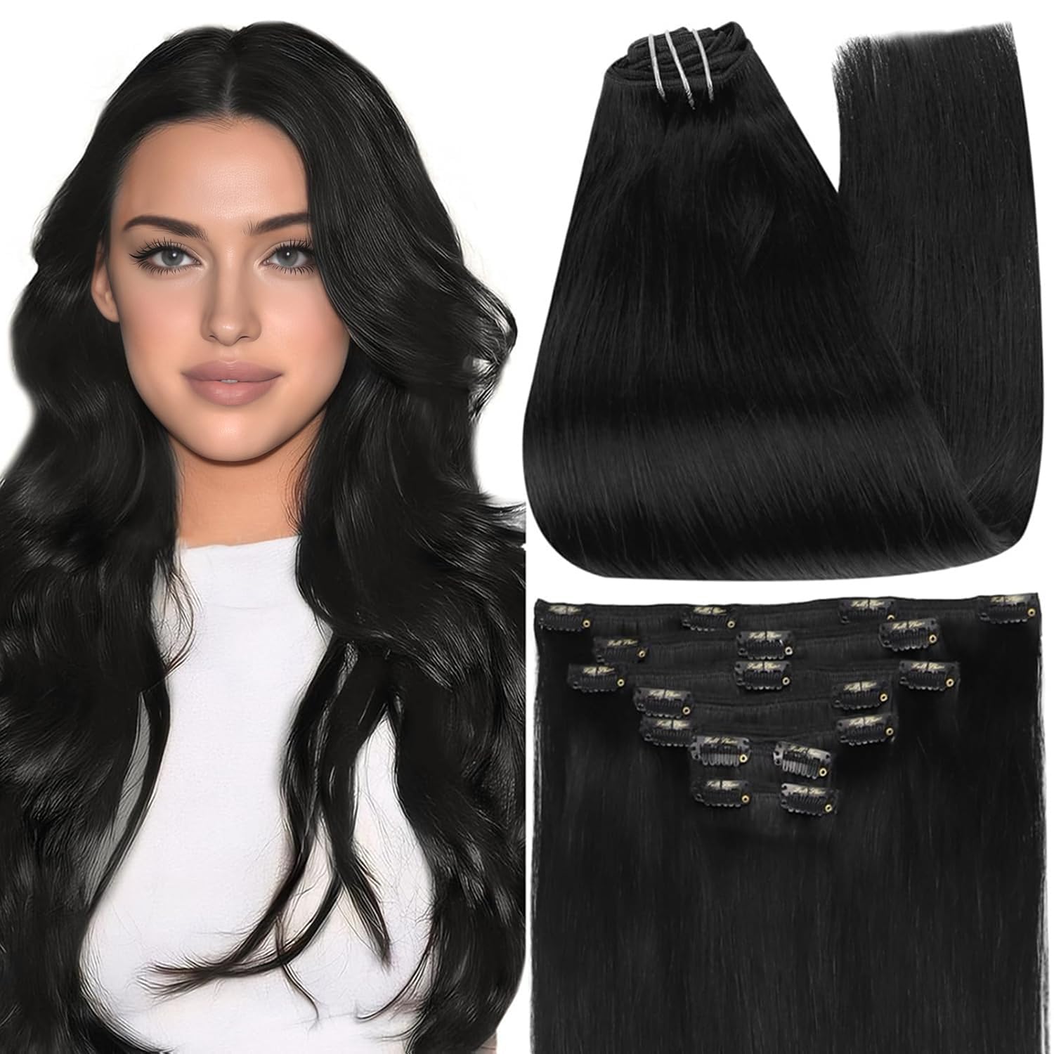 Full Shine Black Clip in Hair Extensions 24 Inch Remy Hair Extensions Clip ins Human Hair Jet Black Natural Hair Clip in Extensions for Long Hair 7 Pieces 120g