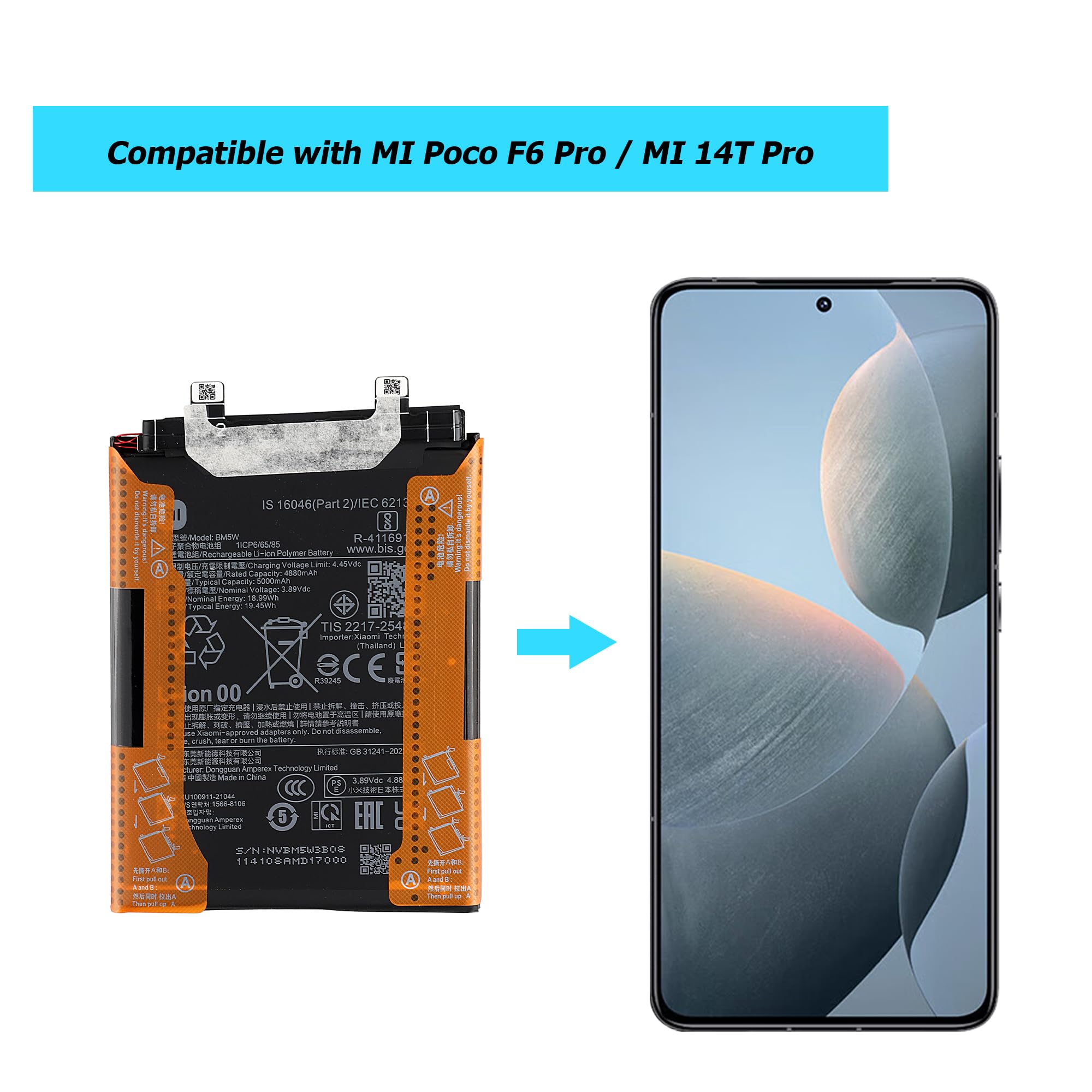 New BM5W Replacement Battery Compatible with MI Poco F6 Pro 23113RKC6G / MI 14T Pro 2407FPN8EG with Technical Toolkit