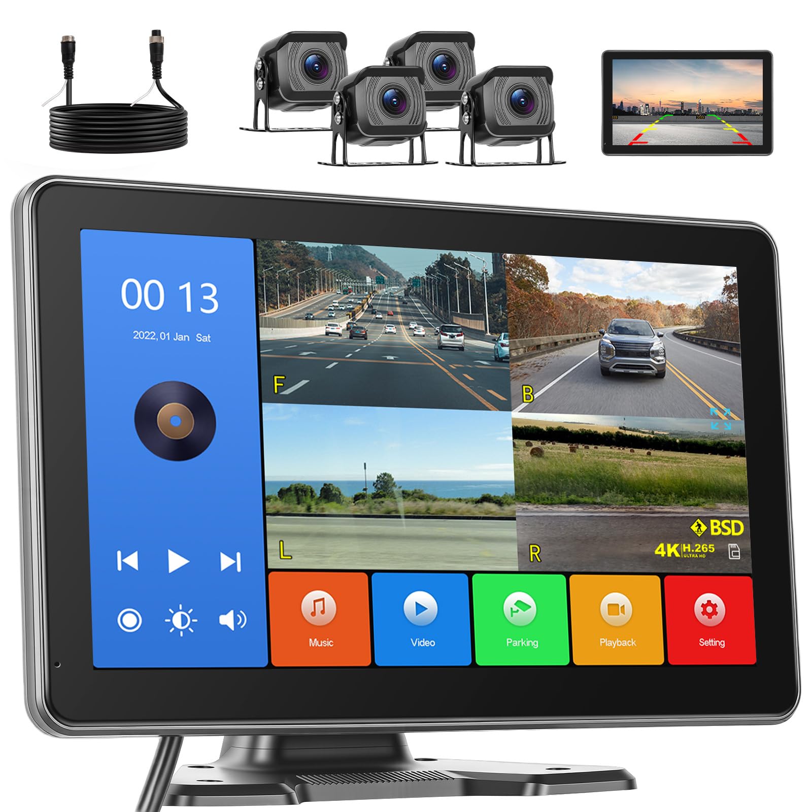Inefala Cámara de Marcha atrás 4 con Monitor IPS HD de 10,1 Pulgadas, matrícula IP69, cámara de Marcha atrás Impermeable para Coches, Camiones, Furgonetas y SUV con visión Nocturna