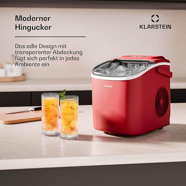 Klarstein Eiswürfelmaschine - 12kg/24h, 2 Würfelgrößen, 1,3L Wassertank, LED-Anzeigen, transparenter Deckel, tragbar, ideal für Partys/Gartenfeste - 5