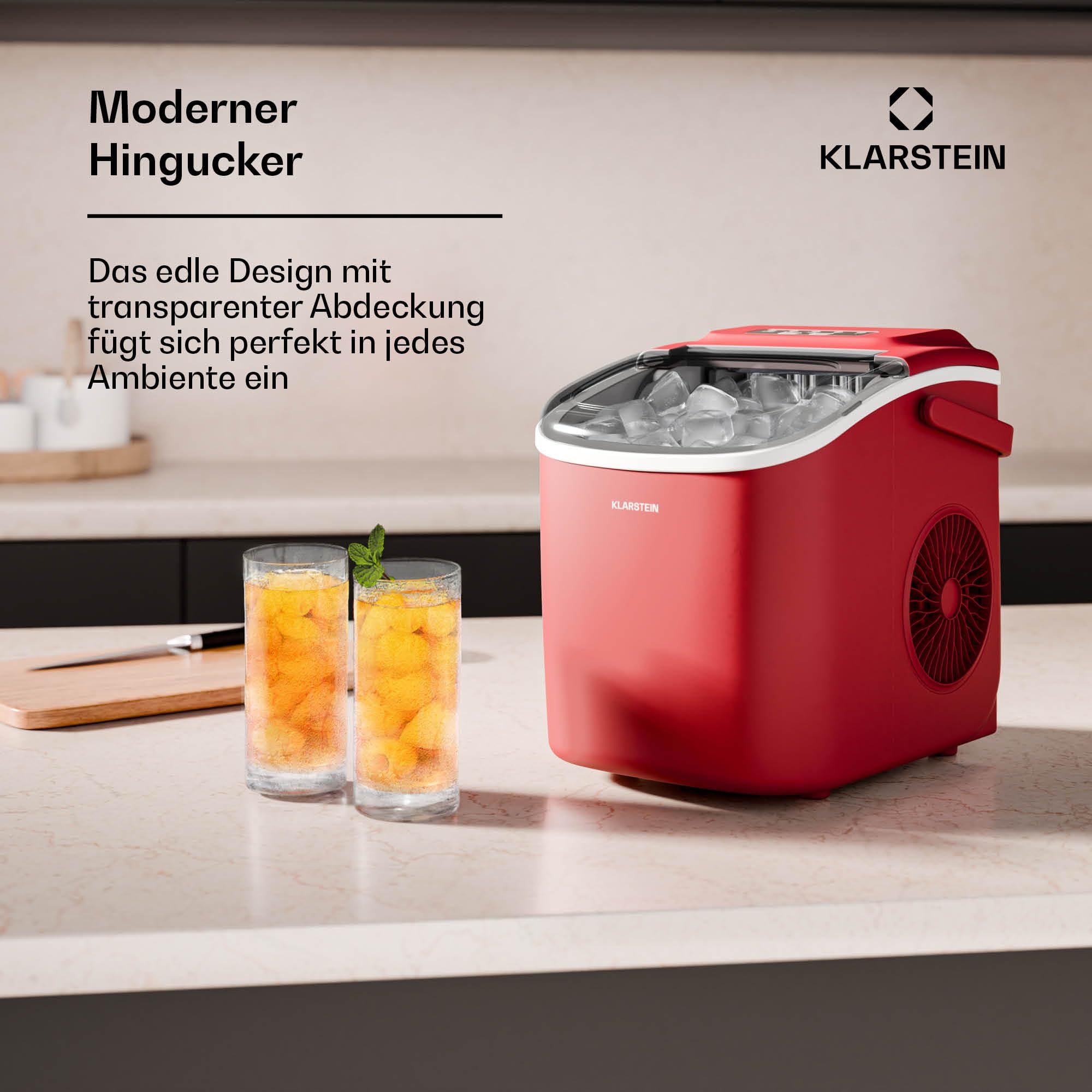 Klarstein Eiswürfelmaschine - 12kg/24h, 2 Würfelgrößen, 1,3L Wassertank, LED-Anzeigen, transparenter Deckel, tragbar, ideal für Partys/Gartenfeste - 5