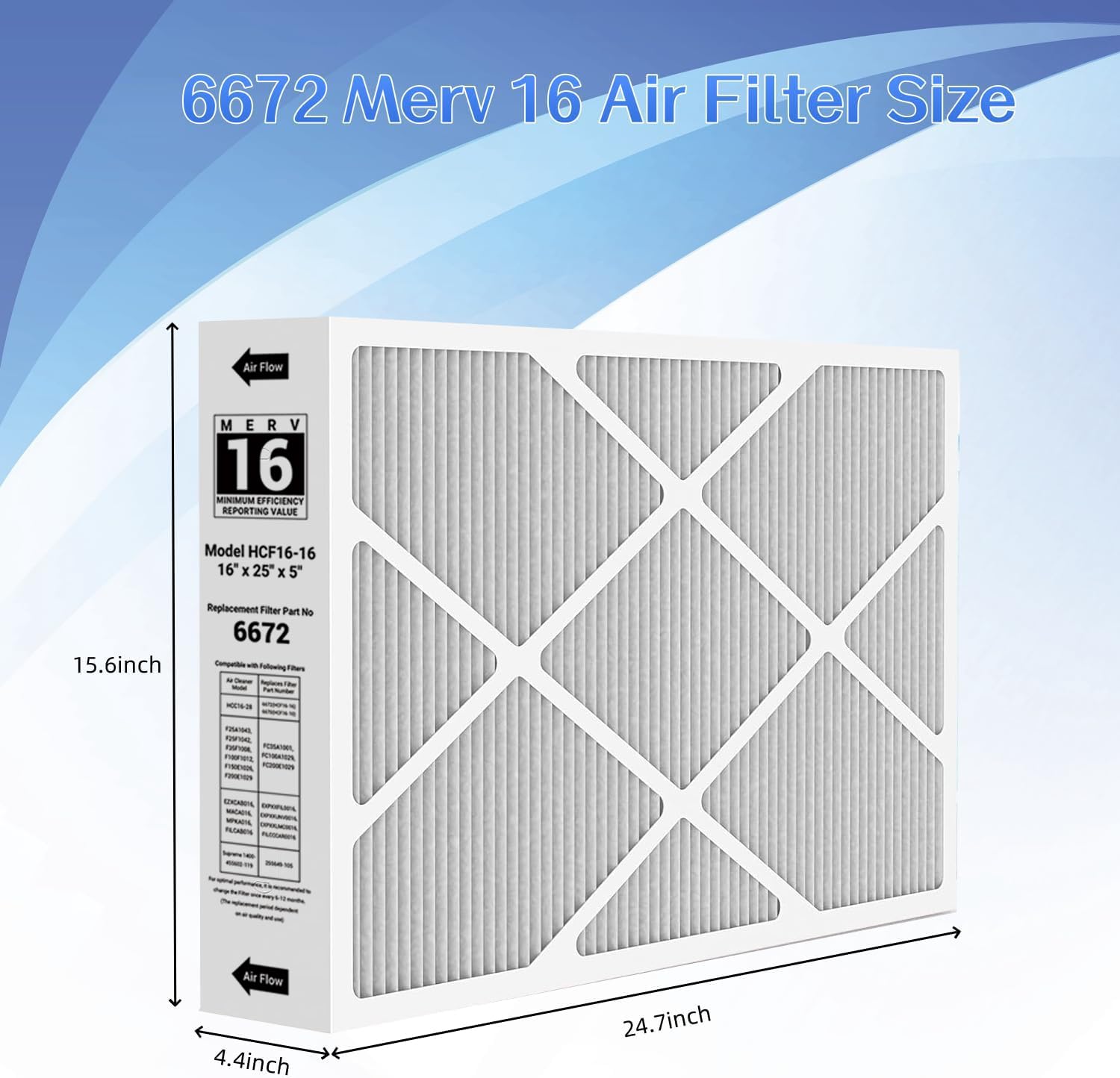 X6672 MERV 16 16x25x5 Furnace Filter Compatible with Lennox X6672