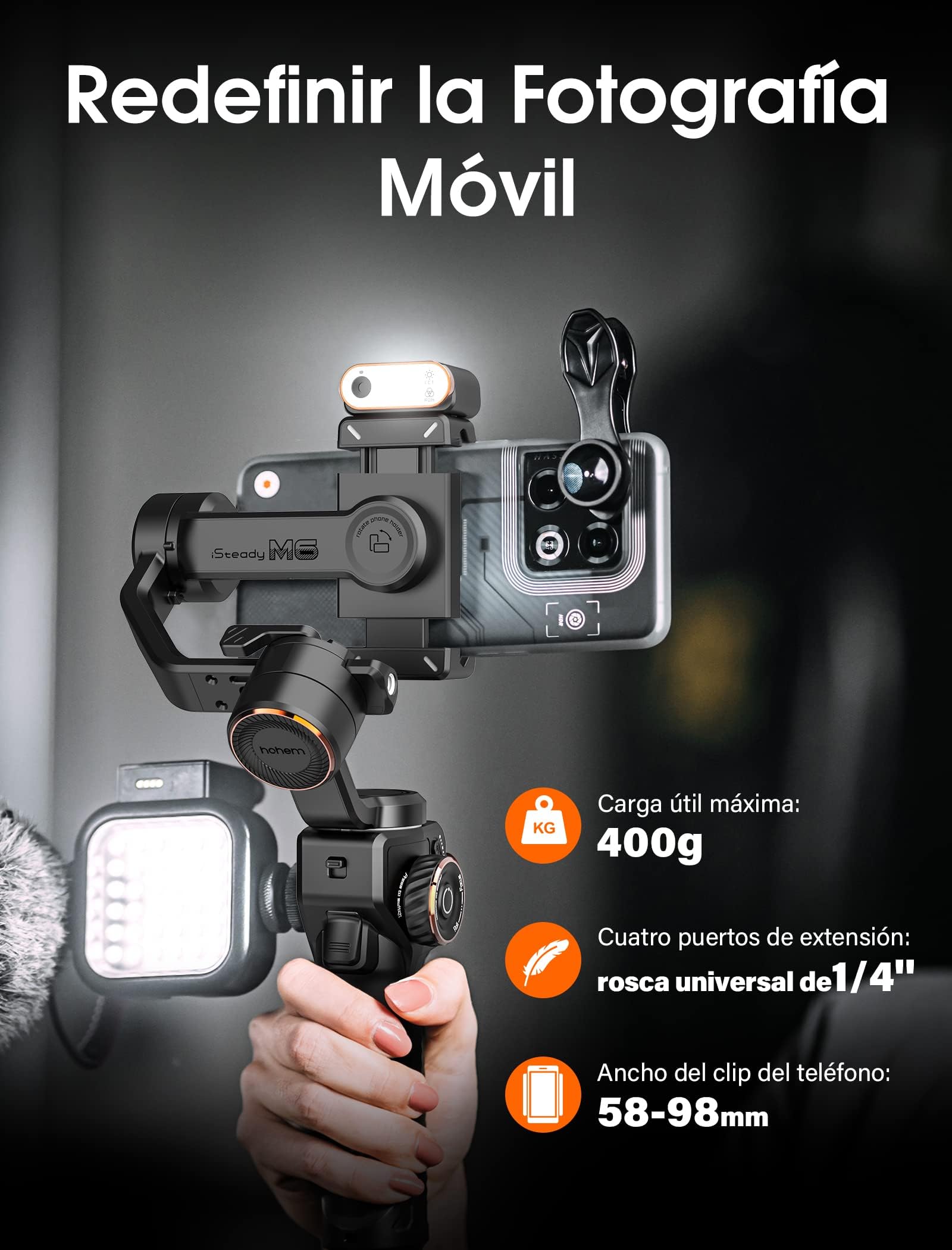 hohem iSteady M6 Kit Estabilizador de Móvil Gimbal Móvil de 3 Ejes, Seguimiento Magnético de IA con Luz de Relleno CCT/RGB Ajustable, 0,91 Pulgadas Pantalla OLED, Carga Útil 400g, para Youtube/Vlog