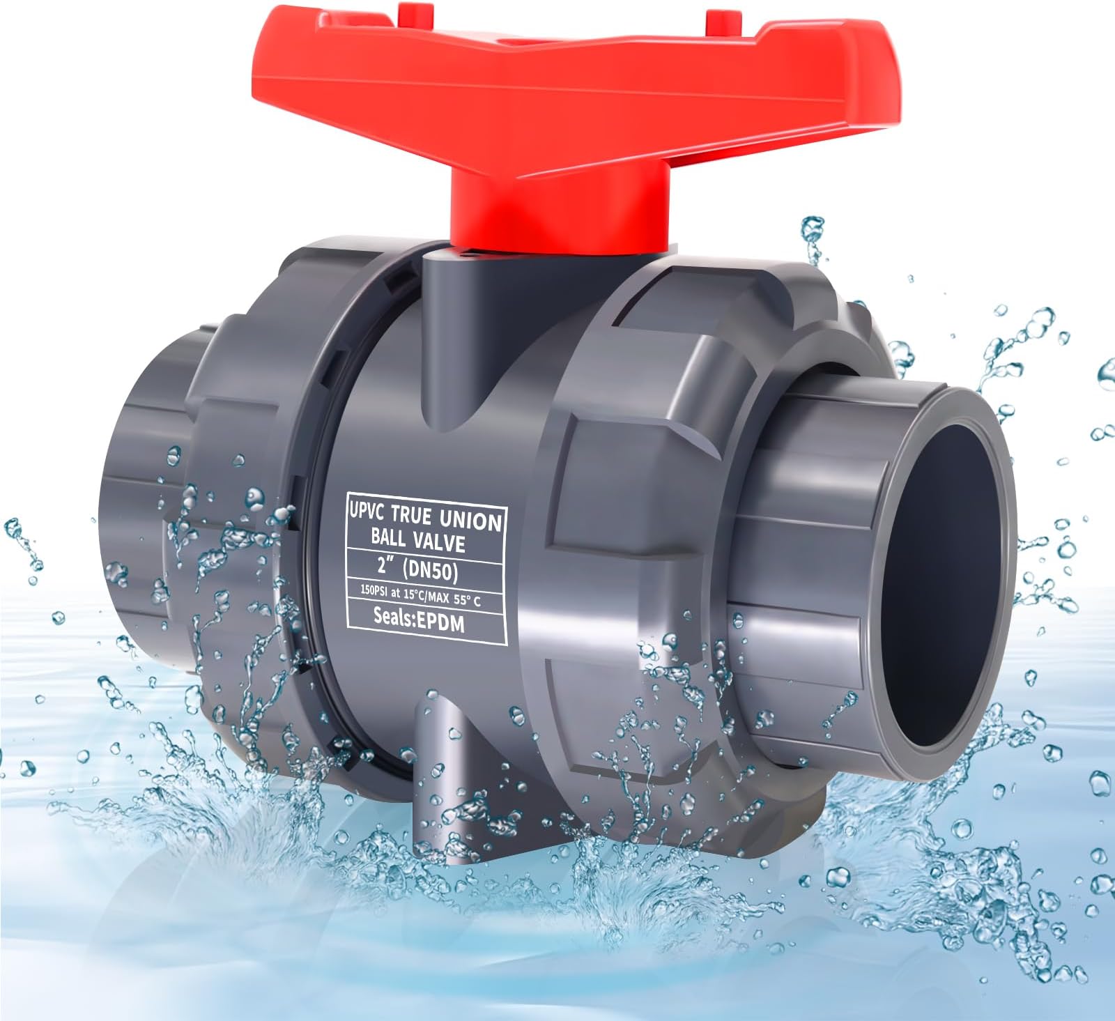 2" UPVC Full Flow Ball Valve Double True Union with Full Port Socket Slip Ball Valve Water Shut-Off Valve, EPDM o-Rings, And Reversible PTFE Seats for Swimming Pool, Irrigation (1, 2")