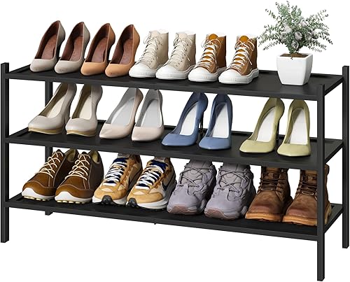 kiplant Zapatero largo negro, zapatero de madera de bambú de 3 niveles para entrada, apilable, plegable, natural, organizador de zapatos para