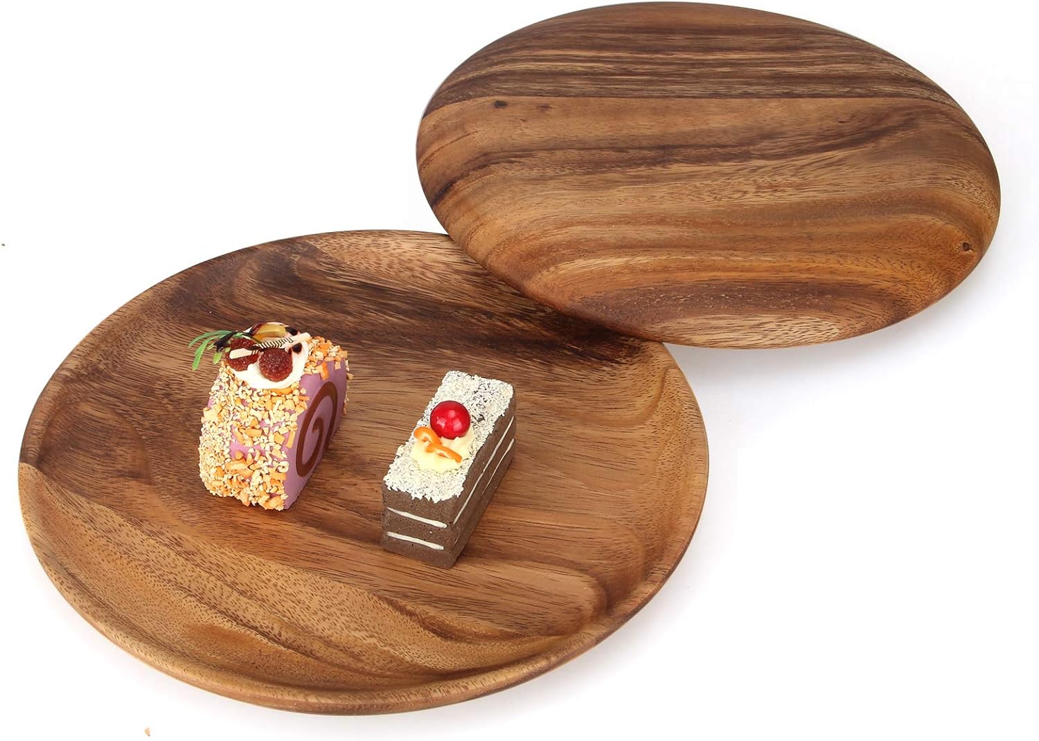 2 Pcs 10 Inch Acacia Wood Dinner Plates Set for Eating Wooden Round Charcuterie Boards Kitchen Serving Platters for Food Dishes Cheese Tray Dessert Salad Plate Wood Charger Plates Decorative Trays