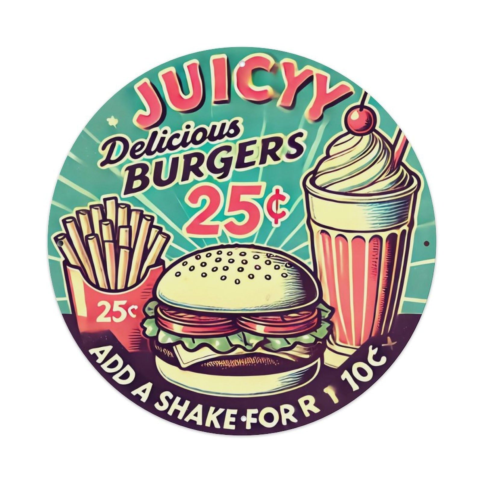 Jdyansheng Vintage Juicy Delicious Burgers Shake Fries Tin Sign Metal Poster Metal Signs For Home Man Cave Bar Cafe Kitchen Laundry Room Wall Decorations 8X8 Inches
