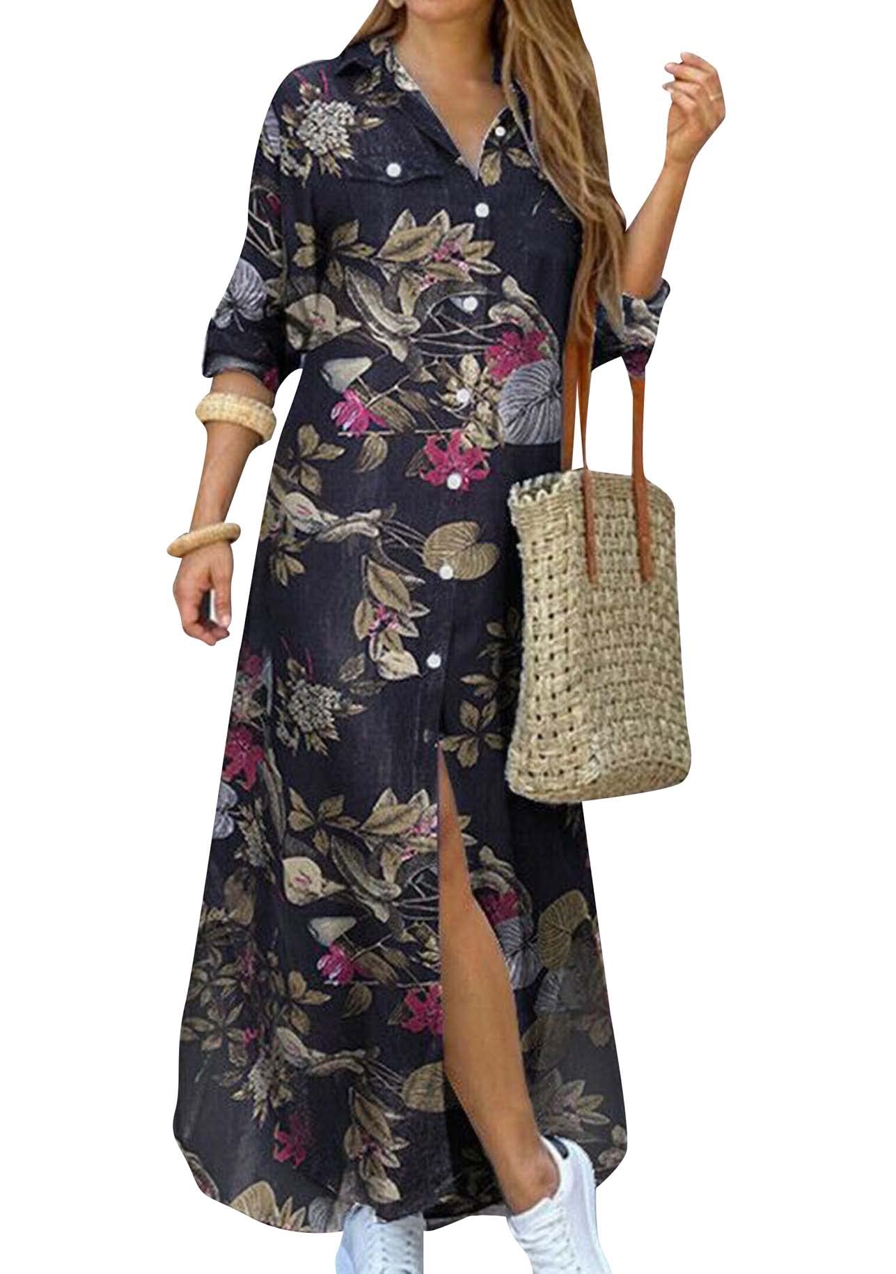 YMING Femme Robe à Revers Décontractée Robe Chemise Boutonnée Robe Longue Doodle Robes à Carreaux à Manches Longues