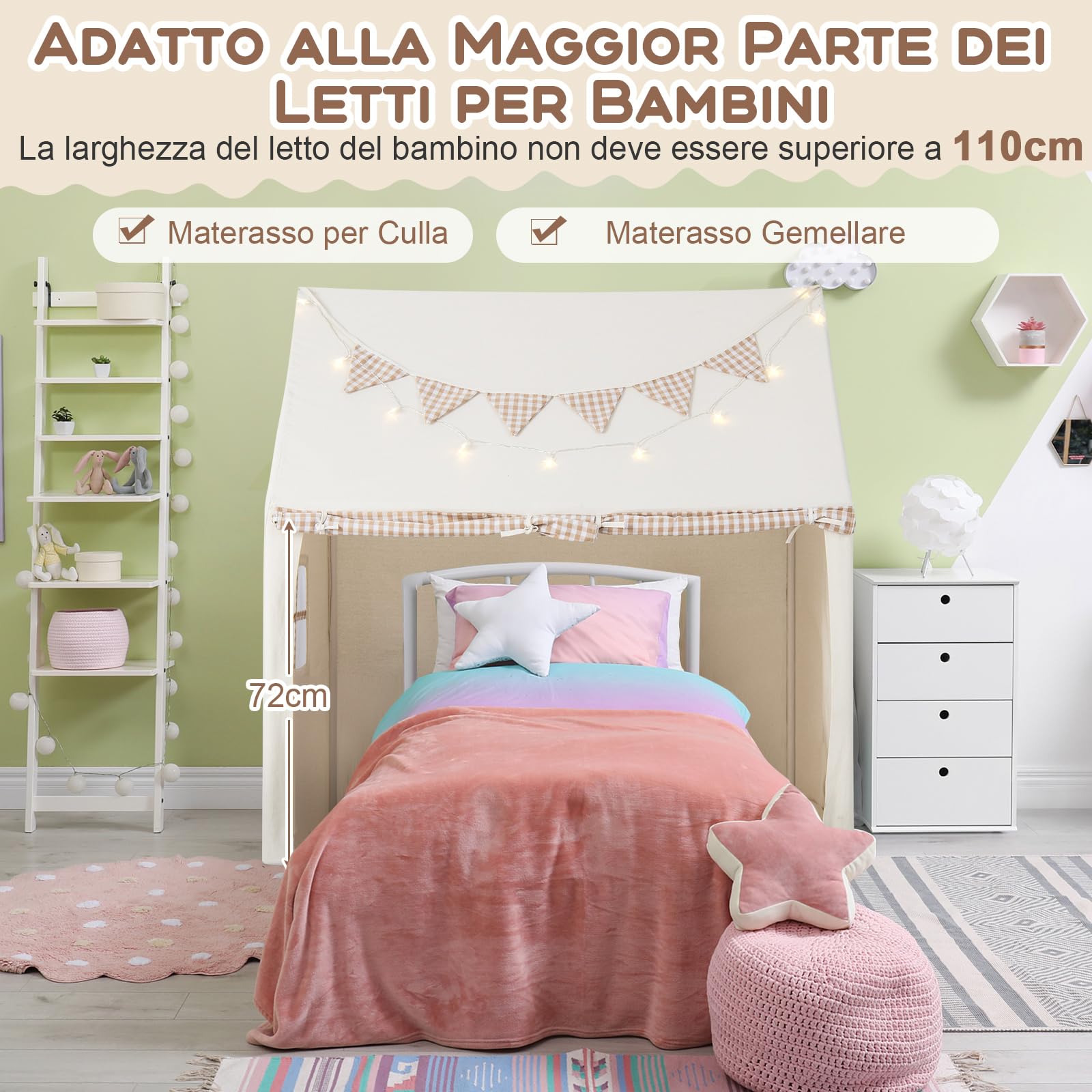 COSTWAY Tenda da Gioco per Bambini, Casetta Tenda da Gioco con Tappetino Imbottito, 2 Finestre Traspiranti e 2 Tasche, Luci a Stella e Bandierine Incluse, Tenda per Bambini 3-8 Anni (Beige)