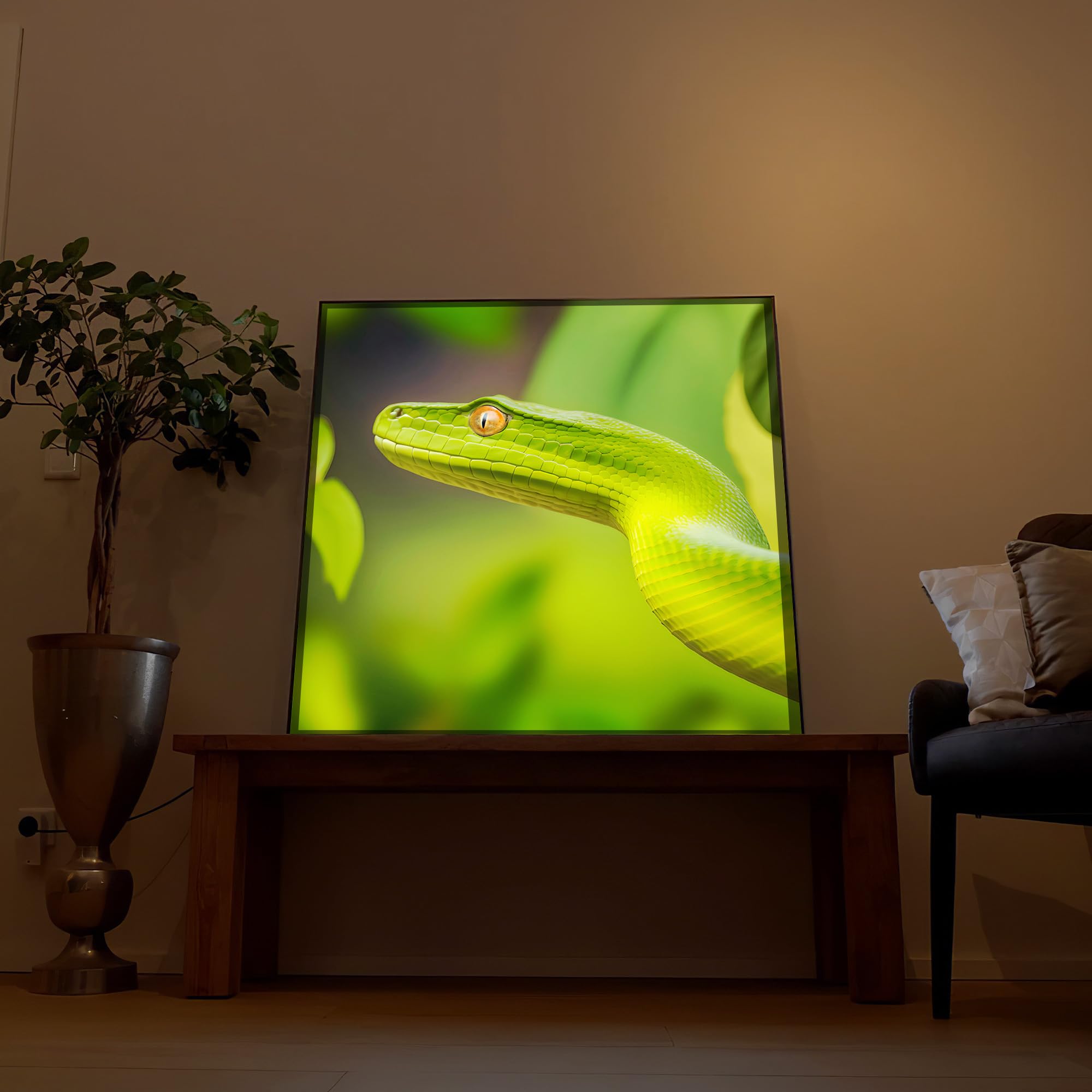 LED Wandbild Grüne Schlange – Beleuchtetes Tier Dschungel Reptil Leuchtbild