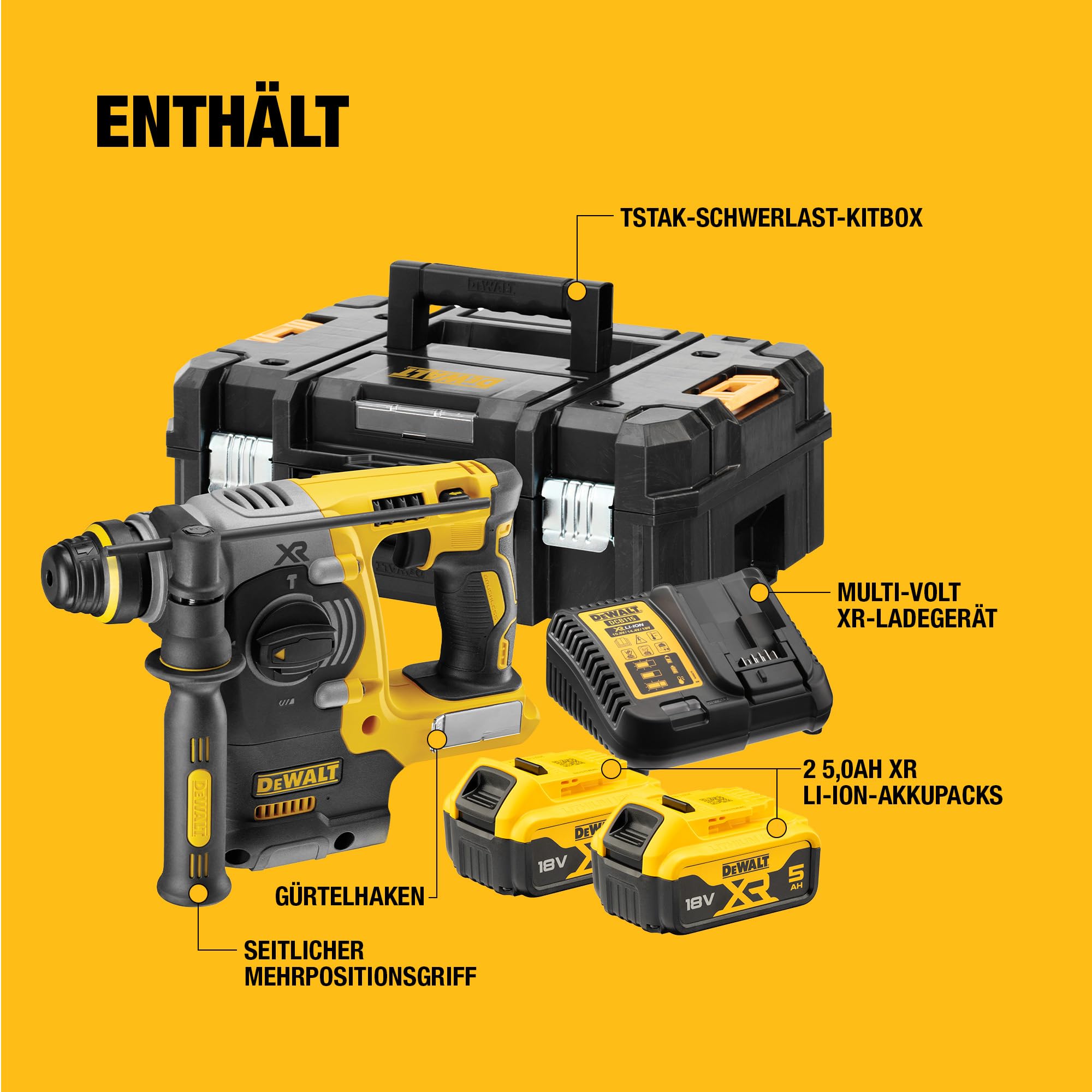 DEWALT DCH273P2T-QW SDS-plus XR Akku-Kombihammer Schlagbohrmaschine 18V bürstenlos 24mm 2x 5Ah Li-Ion Akkus Ladegerät T-STAK Box