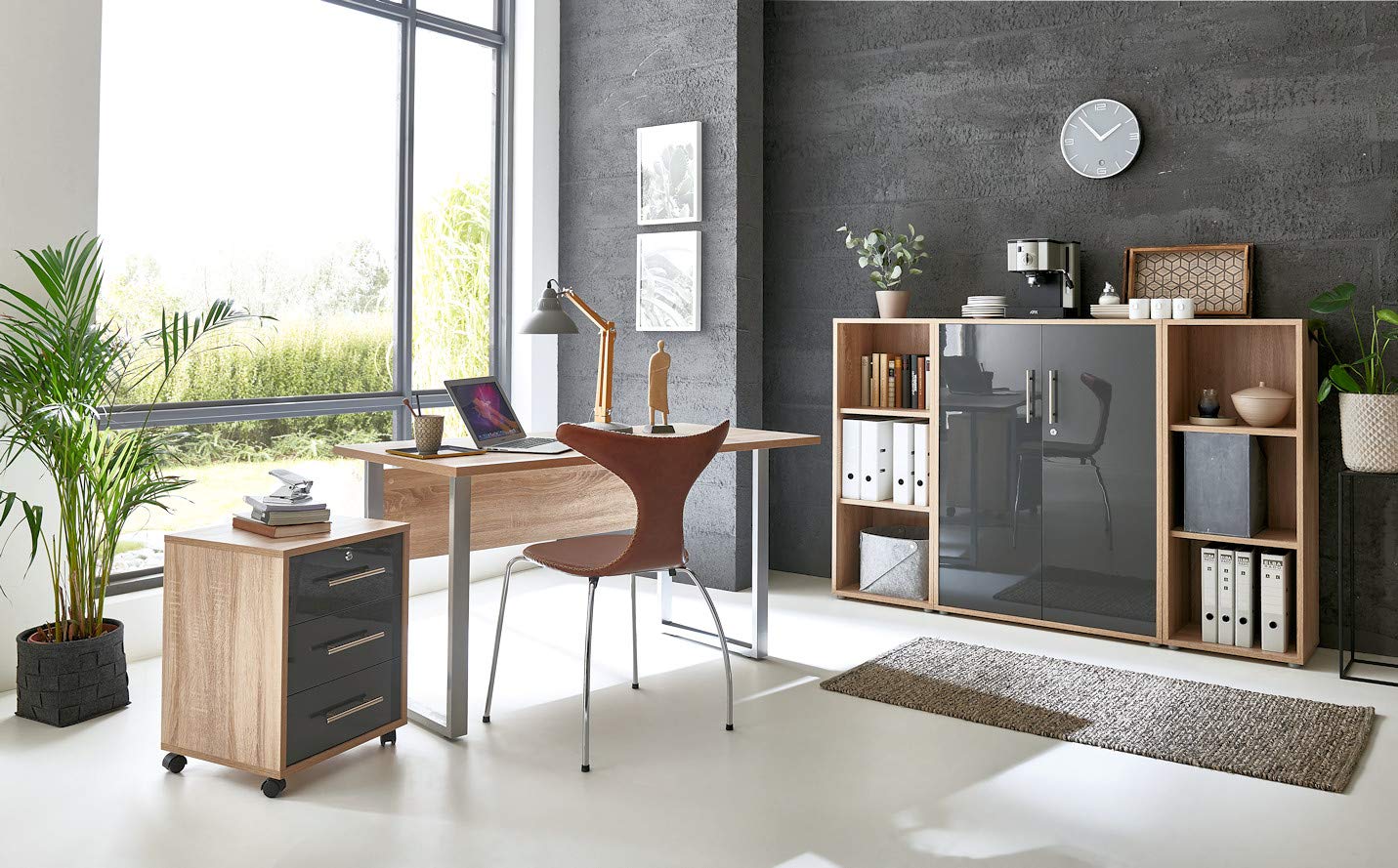 moebel-dich-auf Büromöbel Set Komplett TABOR 2– Schreibtisch mit Rollcontainer, Aktenschränken & Regal – Viel Stauraum für Ihr Büro Korpus Eiche Sonoma Front anthrazit Hochglanz